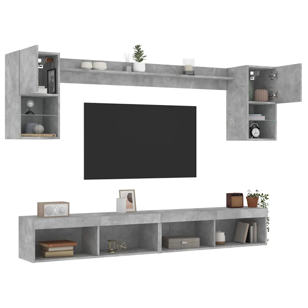 Mobili TV a Muro con LED 6pz Grigio Cemento Legno Multistrato