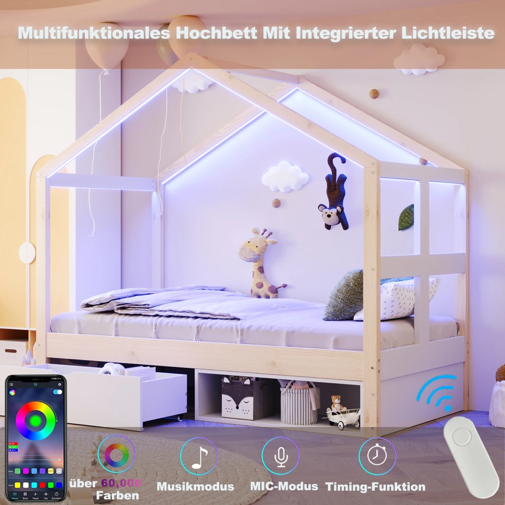 Letto per bambini 90 × 190 cm con cassetto contenitore, scarpiera e LED multicolore, senza materasso, legno naturale