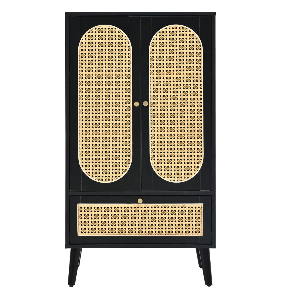 Madia compatta nera effetto rattan 110 cm, 2 ante e 1 cassetto, con ripiani interni