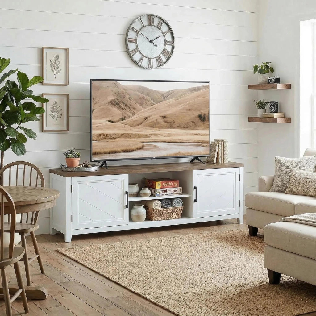 Mobile TV 140 cm con 2 ante e 2 ripiani aperti ¨C Zephmum ¨C Bianco e marrone