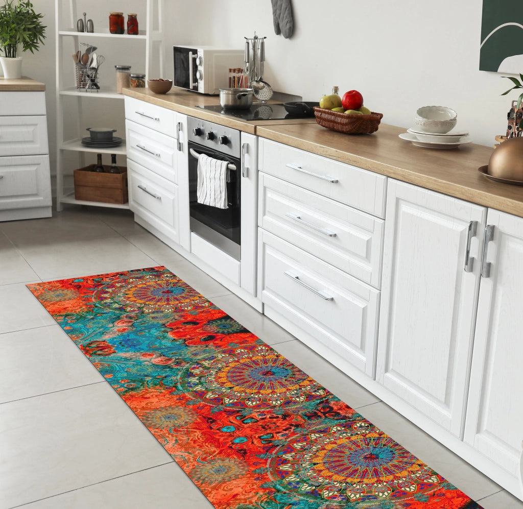 Tappeto passatoia fantasia made in Italy antiscivolo lavabile aderente Mandala Rosso - 50x350 cm