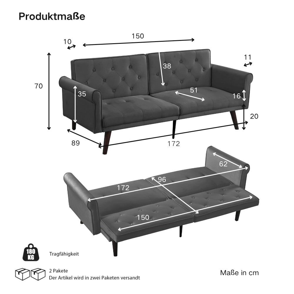 Divano letto 2 posti con schienali regolabili separatamente in 5 posizioni, velluto grigio 172 × 89 × 70 cm