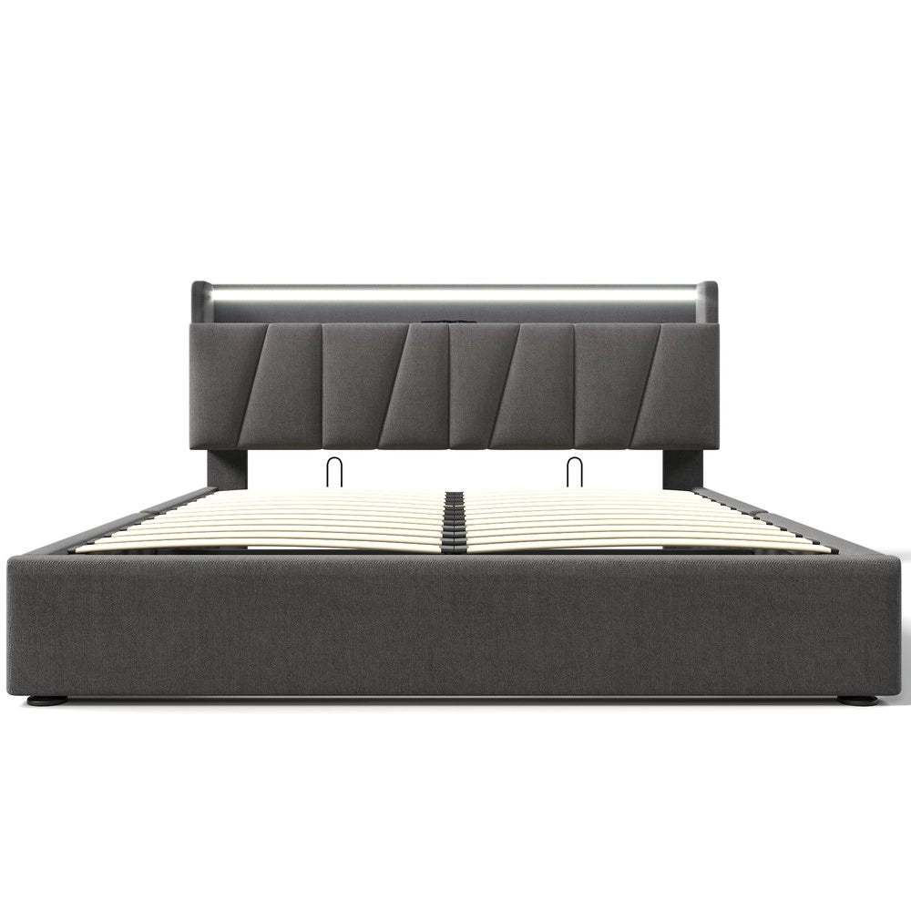 Letto Imbottito Contenitore 140x200 ¨C MINIMAL ¨C Grigio, LED, USB, Doghe in Legno