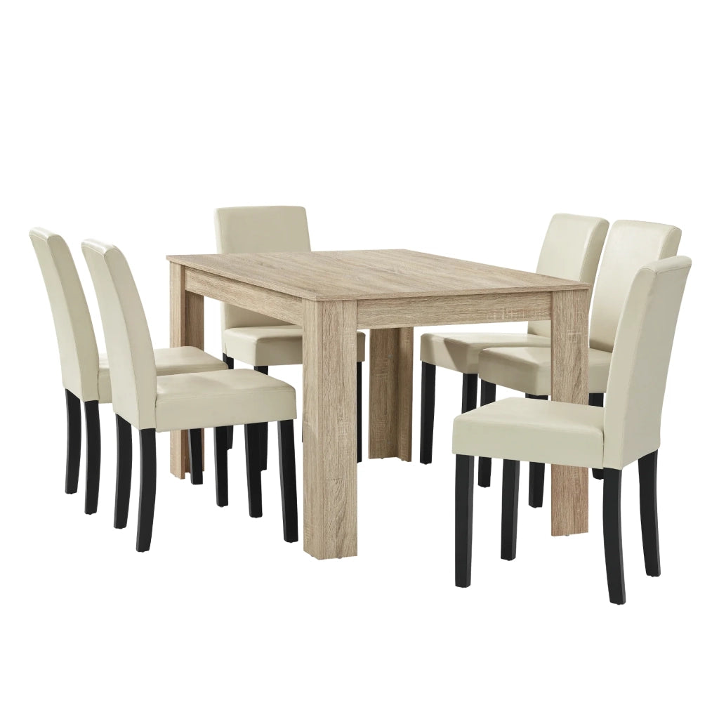 Tavolo da pranzo in rovere lucido con 6 sedie rivestite in similpelle color crema 140x90 cm 03_0004047