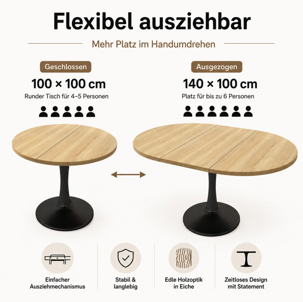 Tavolo da pranzo ovale allungabile 100/140x100x75 cm in MDF colore rovere
