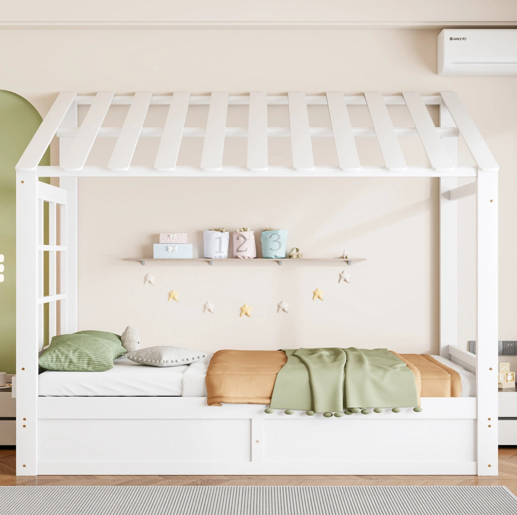 Letto per bambini 90x200 cm con contenitore idraulico e vani laterali; bianco