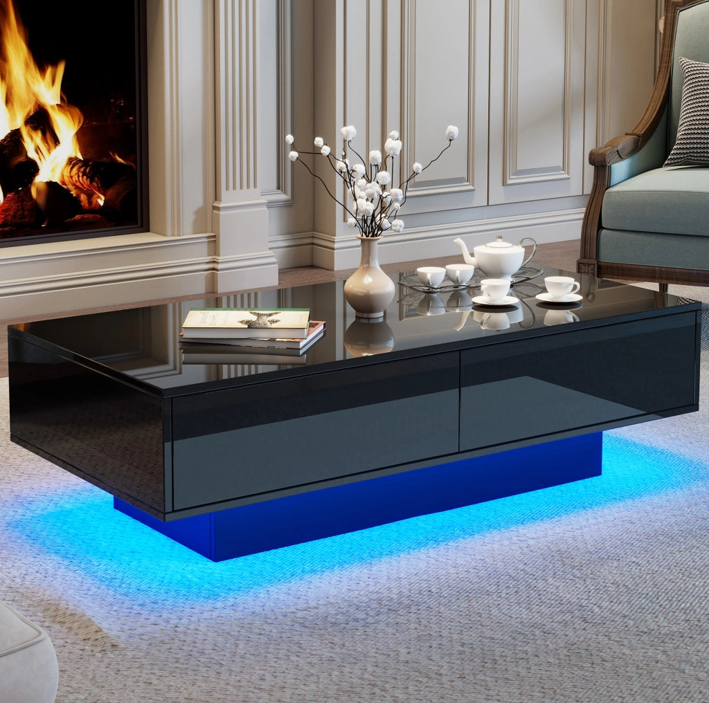 Tavolino da salotto 115x55x34 cm; luci LED e 2 cassetti; truciolare; nero