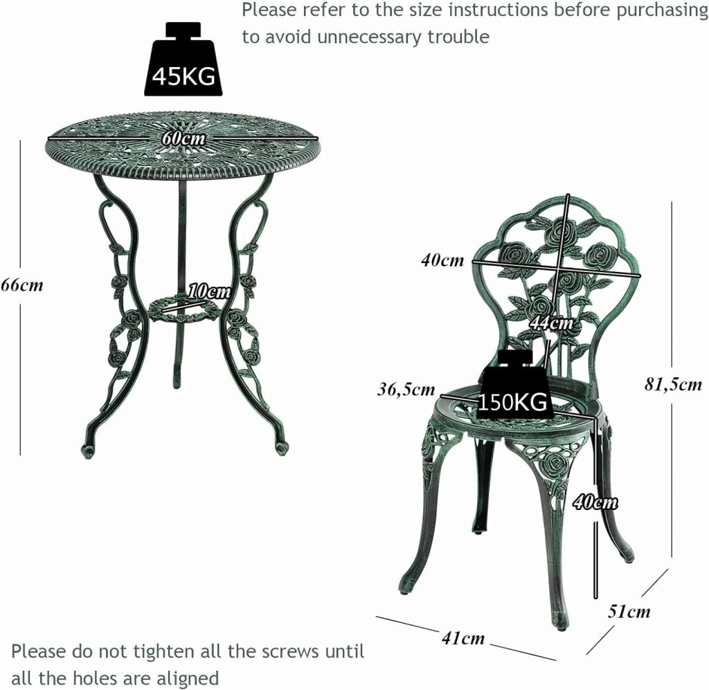 Set di 3 Mobili da Giardino, Tavolo da Giardino con 2 Sedie, Set da Bistrò in Alluminio Resistente alle Intemperie, con Motivo a Rose, per Balcone, Cortile, Terrazza, Verde Bronzo
