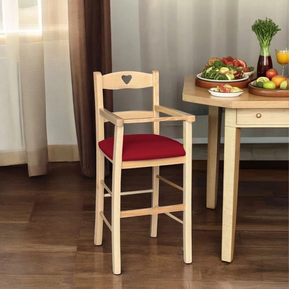 Seggiolone in legno color naturale con seduta imbottita in similpelle rosso