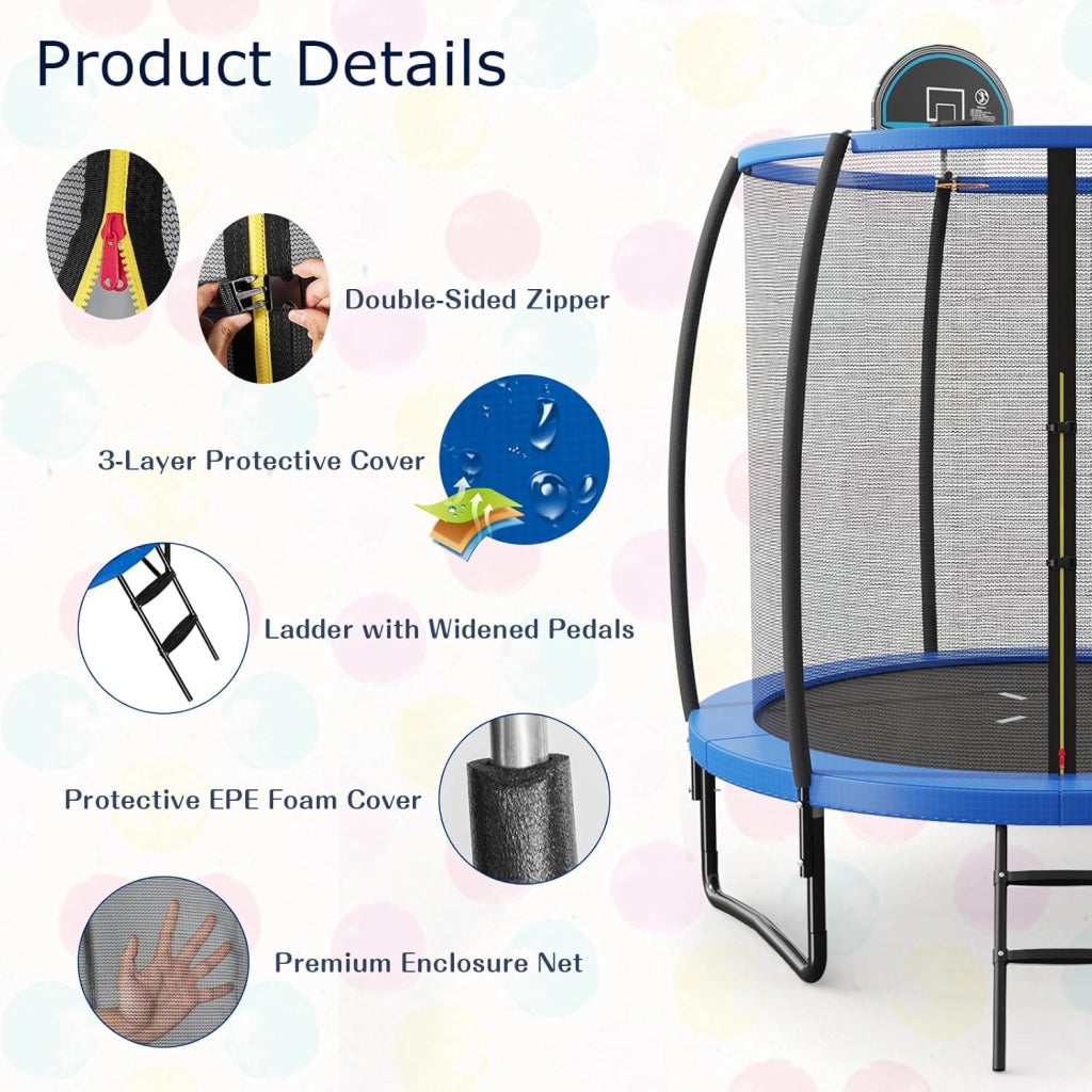 Trampolino da giardino rotondo con rete di sicurezza e copertura per bordi per bambini e adulti, blu + nero