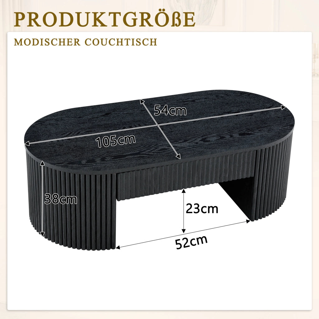 Tavolino basso ovale con cassetto e vano aperto, rivestimento a scanalature, per soggiorno, nero 118 × 65 × 17 cm