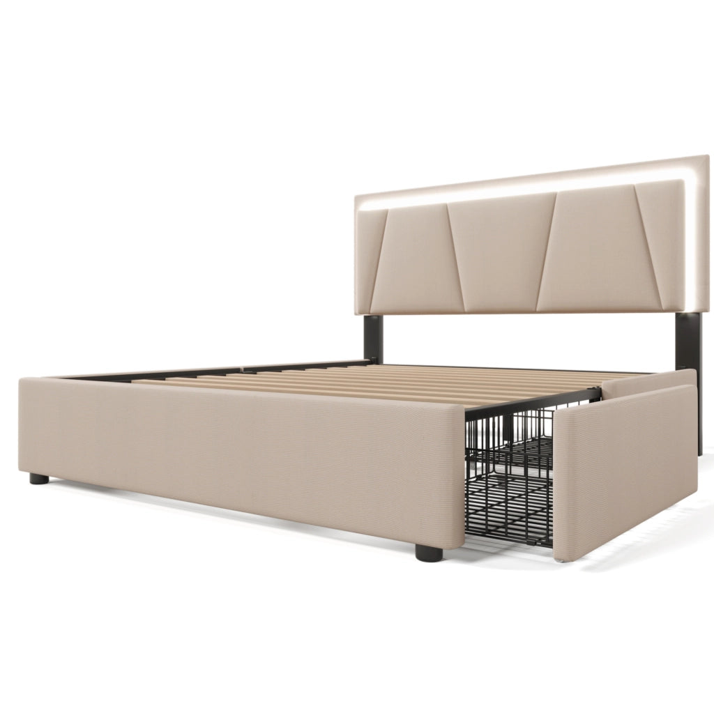 Letto matrimoniale beige 160x200 cm con LED, 4 cassetti e testiera regolabile