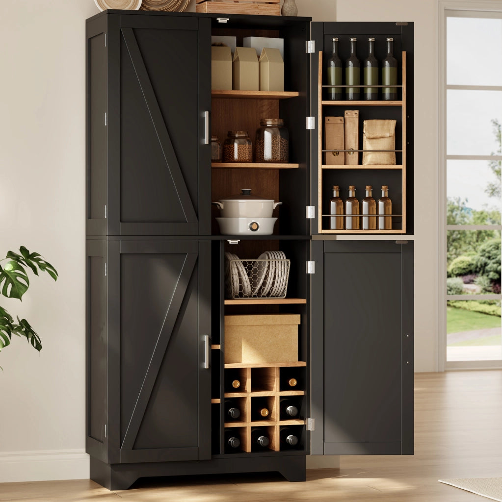 Credenza alta da cucina 80x40x180 cm con 4 ante stile barn; ripiani portabottiglie; nero e naturale
