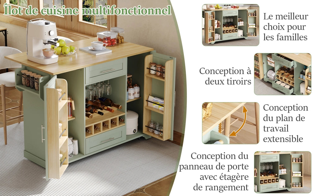 Carrello da cucina con piano estraibile 2 ante 2 cassetti ripiani regolabili e portabottiglie per cucina verde antico