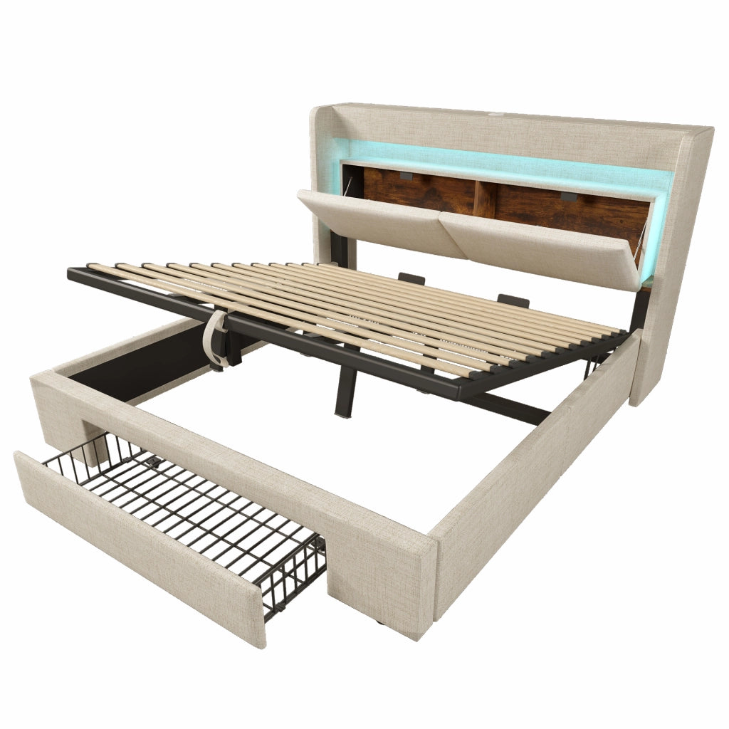 Letti contenitori 180x200 cm con testiera LED e USB; lino beige (Senza materasso)