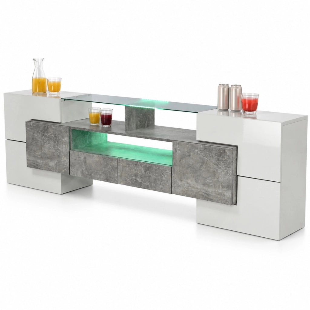 Mobile TV 200x35x60 cm bianco e grigio in MDF, 6 ante e LED