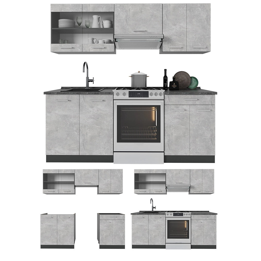 Cucina componibile R-Line Calcestruzzo/Antracite 200 cm senza piano di lavoro Vicco