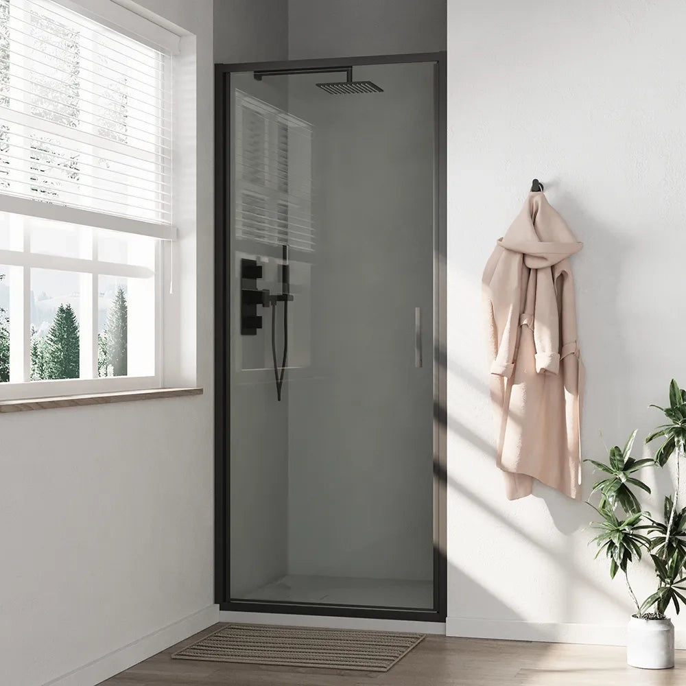 Porta doccia 90cm con apertura a battente profili slim nero opaco vetro 6mm trasparente h190 | Portofino