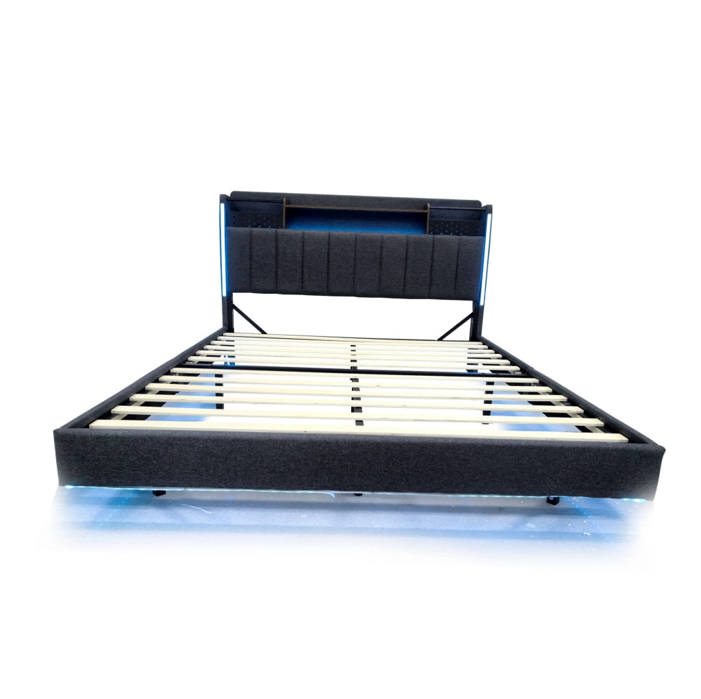 Letto imbottito 140x200 cm con LED; USB e vano contenitore nella testiera; lino grigio