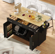 Isola da cucina mobile 136 x 75 x 92 cm in MDF nero e naturale; con prese integrate e 3 cassetti