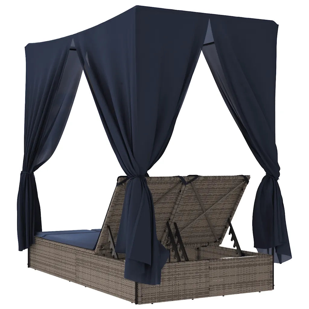 Lettino Prendisole Doppio Tetto e Tende Grigio in Polyrattan 368079