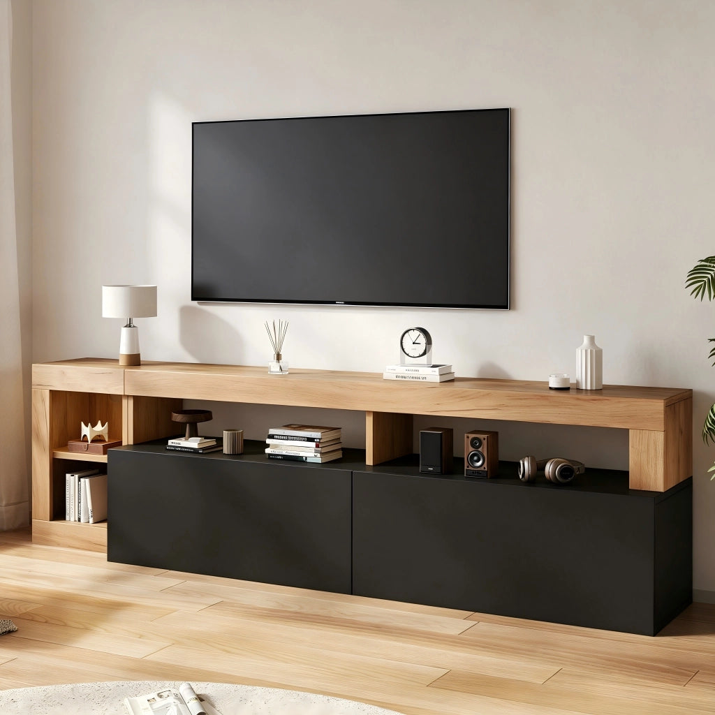 Mobile porta TV con LED e 4 vani contenitore, per soggiorno e camera da letto, in truciolare, nero, 184 × 42 × 58 cm