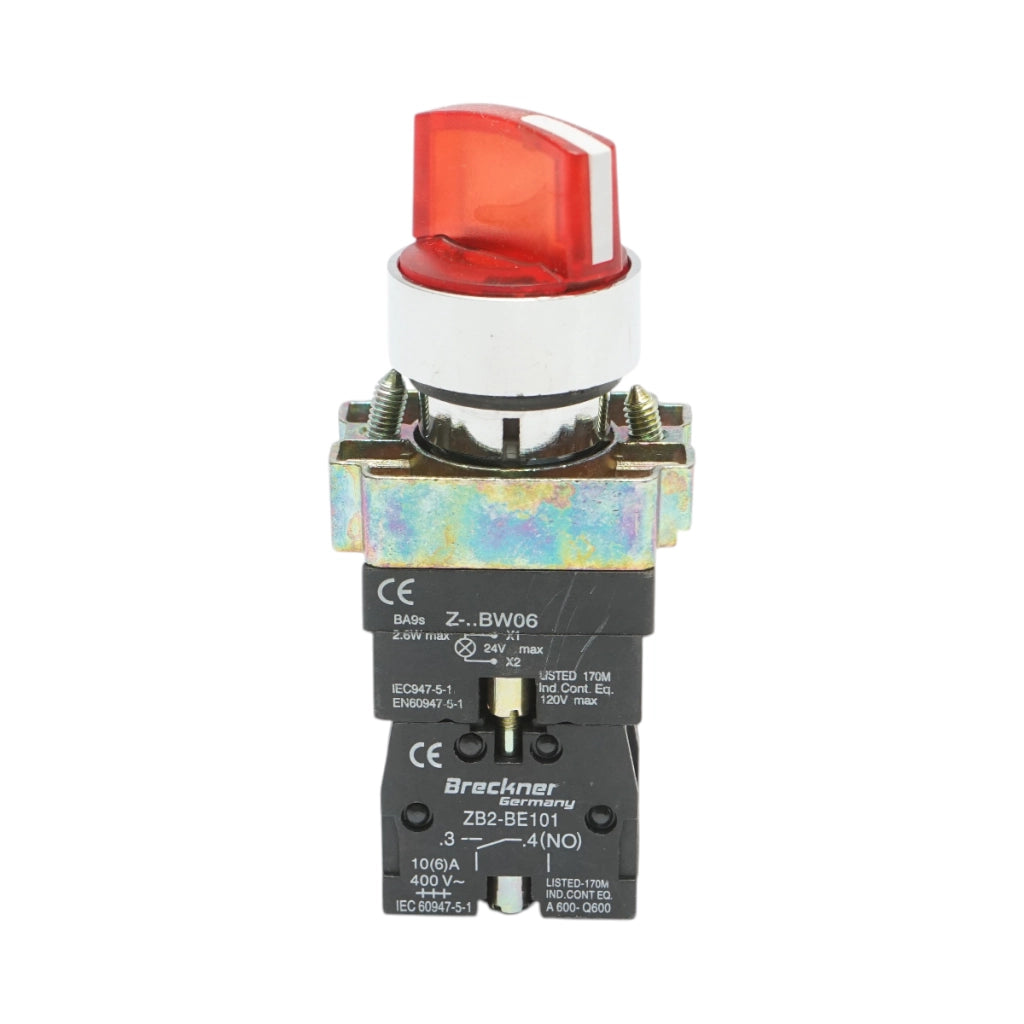 Selettore a 2 posizioni con blocco e indicatore di segnalazione LED rosso 1NO+1NC, 24V, LAY5 Breckner Germany