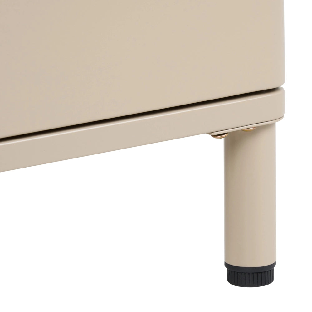 Credenza in acciaio beige a 4 ante con angoli arrotondati e maniglie dorate