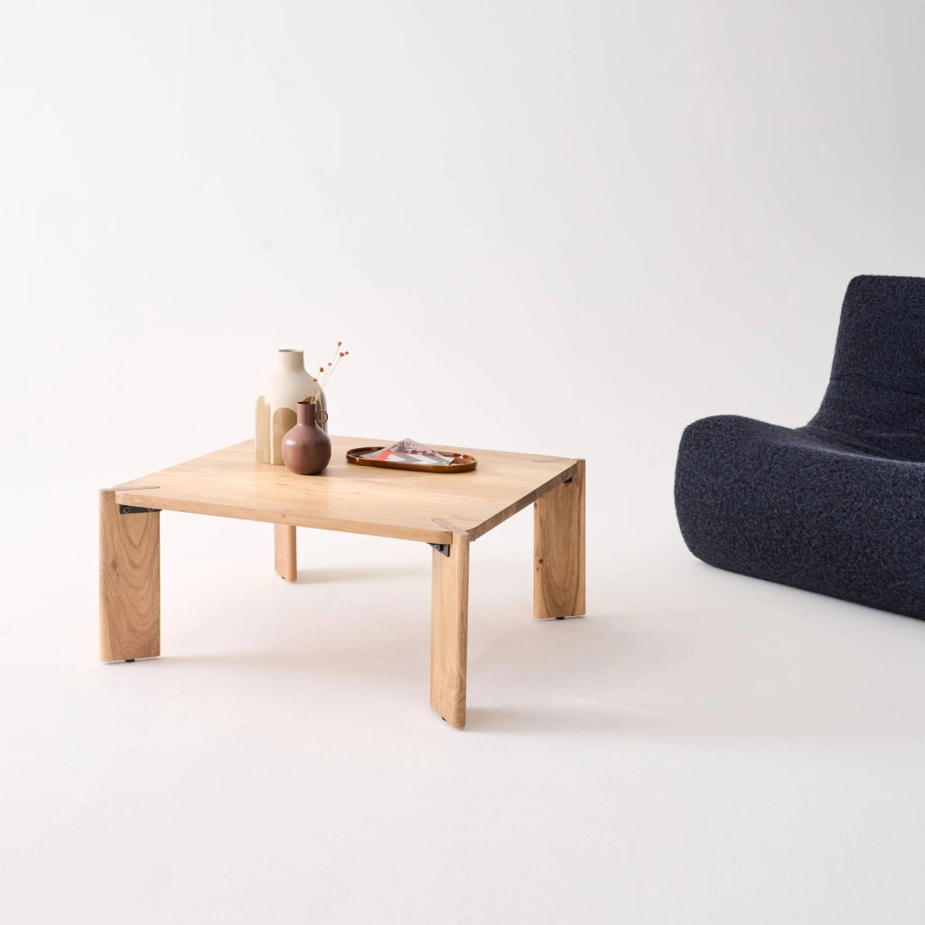 Tavolino esotico quadrato in legno massello, 80cm, marrone naturale