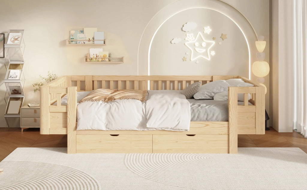 Letto a piattaforma con spondale di sicurezza e due cassetti, in legno, colore legno, per cameretta, 90 × 200 cm