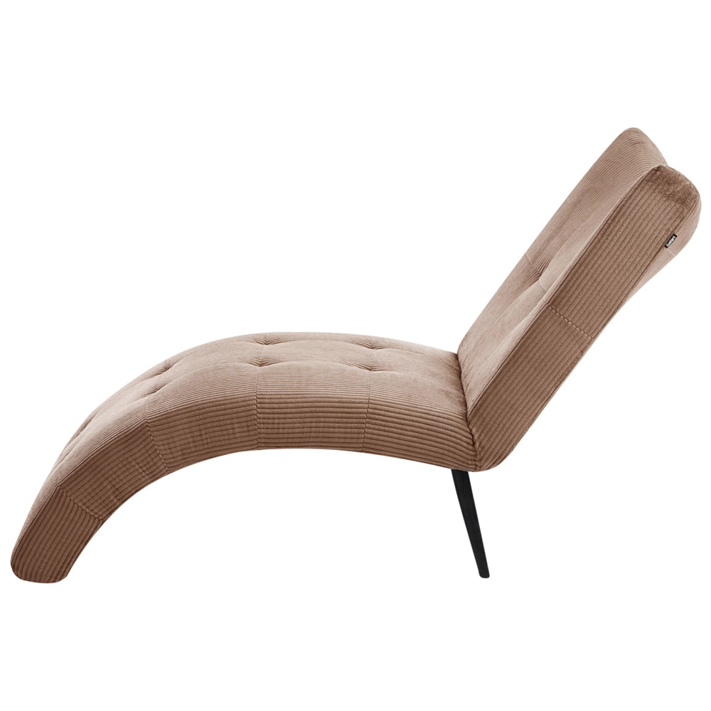 Chaise longue con rivestimento in velluto a coste beige sabbia trapuntatura a bottoni, senza braccioli, design moderno per soggiorno