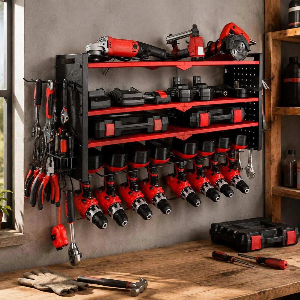 Tool Storage Wall Mount, 4-tier Storage Rack With 8 Drill Bit Holders, Tool Holder With Side Pegboards, Tool Organizer For Garage, Workbench & Workshop, Red
