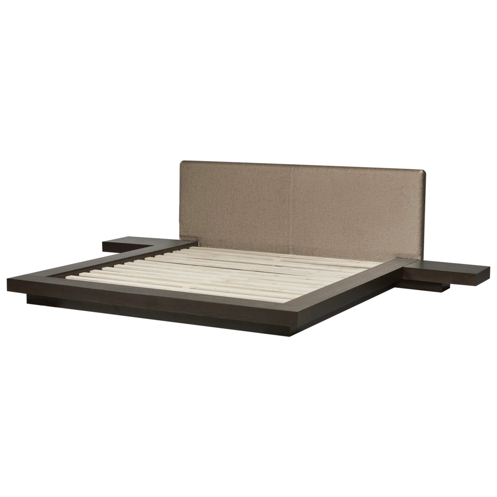 Letto matrimoniale LED con comodini e testata bouclé tortora in frassino scuro 160 x 200 cm stile giapponese