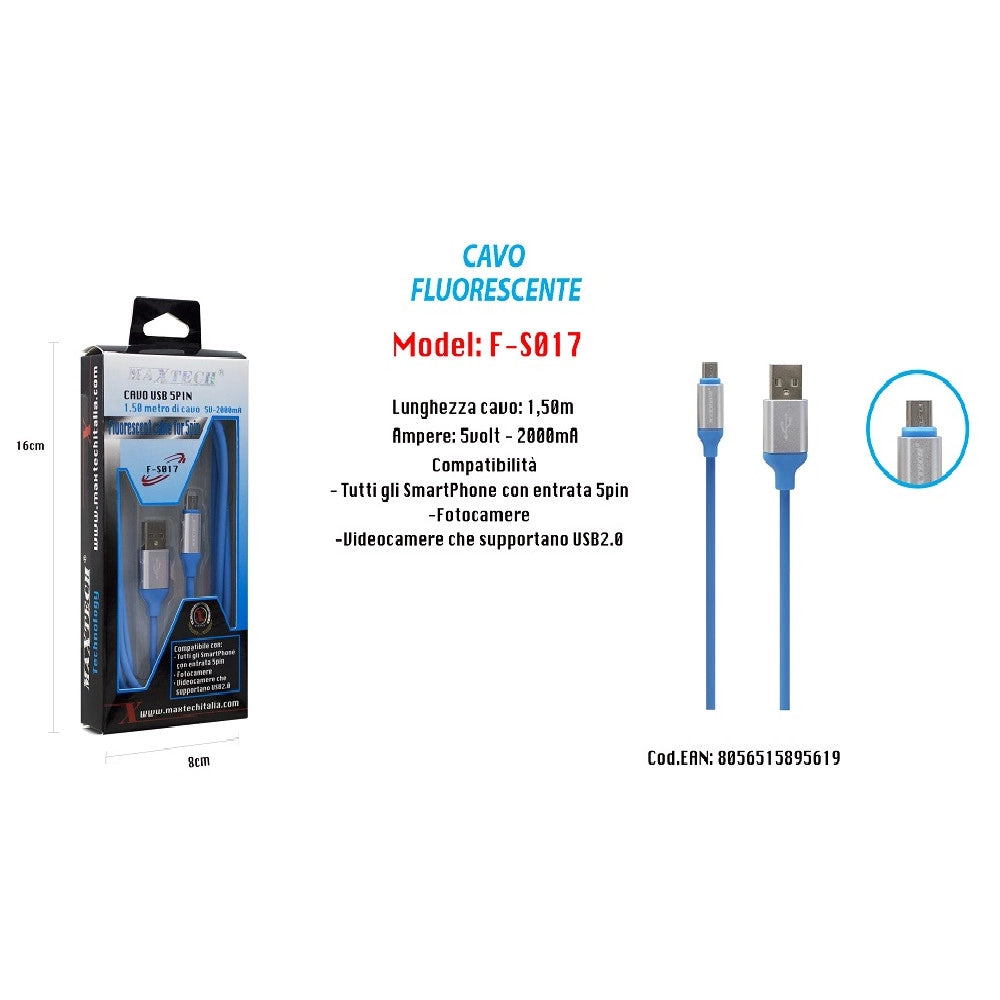 Trade Shop - Cavo Fluorescente Ricarica Per Smartphone 5pin 1,50mt 5volt - 2000ma Maxtech F-s017 -
