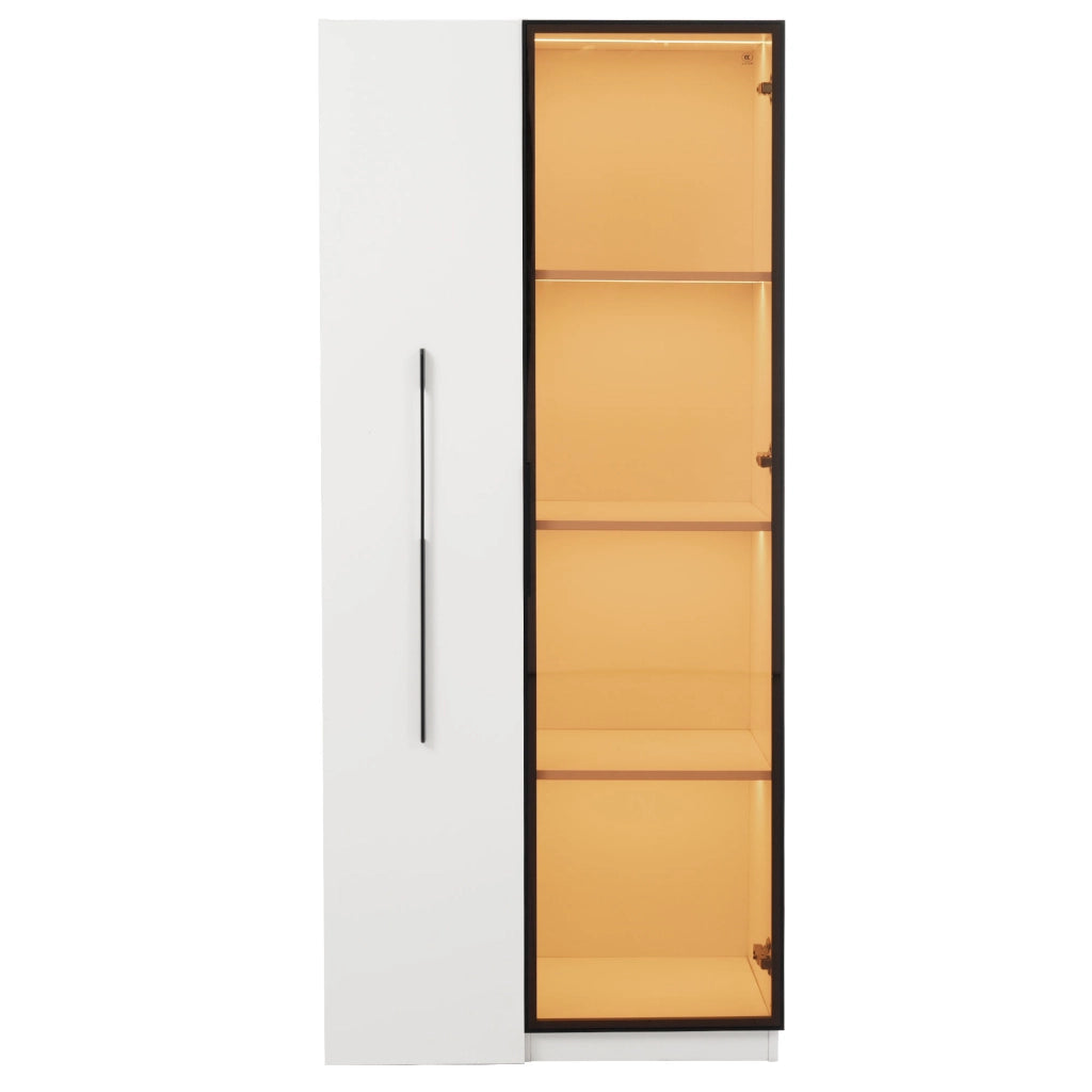 Vetrina con libreria estraibile 70x40x160 cm in MDF bianco con LED, vetro temperato, 1 anta e 2 colli