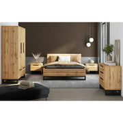Camera completa stile industriale collezione MILOS: armadio 3 porte, letto 160x200, cassettiera, comodini, rovere grezzo e nero