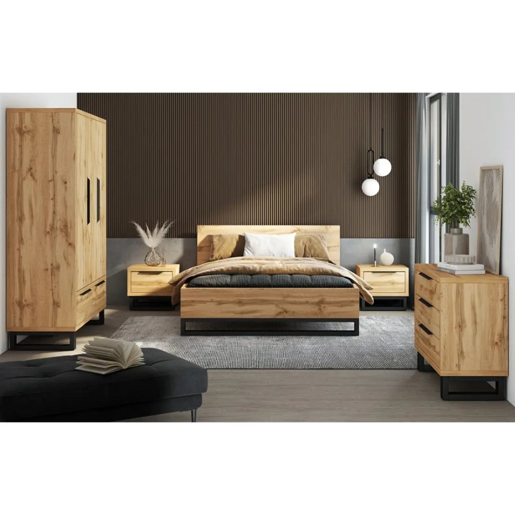 Camera completa stile industriale collezione MILOS: armadio 3 porte, letto 160x200, cassettiera, comodini, rovere grezzo e nero