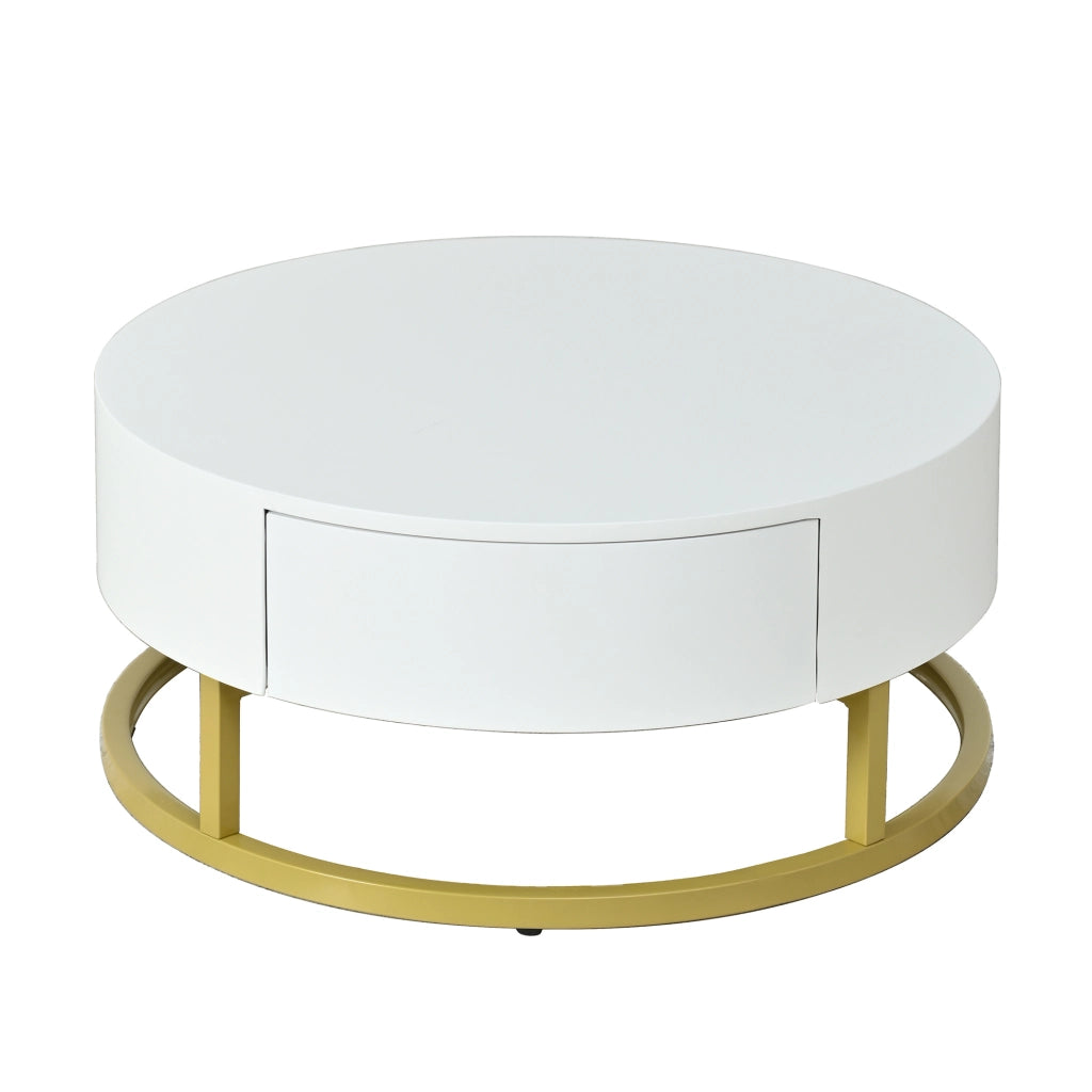 Tavolino da salotto rotondo con piano sollevabile e cassetto; 70/60 cm; bianco e oro
