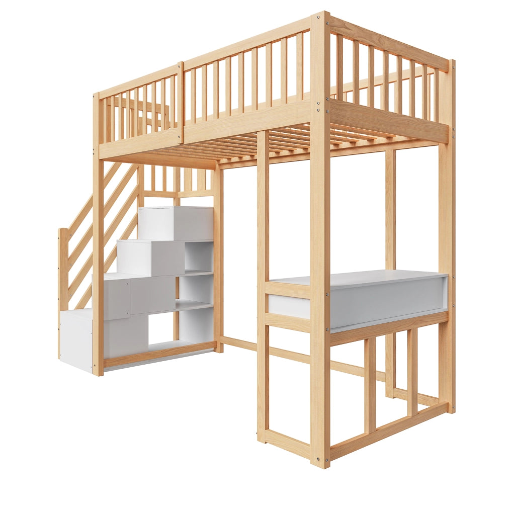 Letto a Soppalco 90 x 200 cm; Letto Singolo con Scrivania e Scala Contenitore; senza Materasso