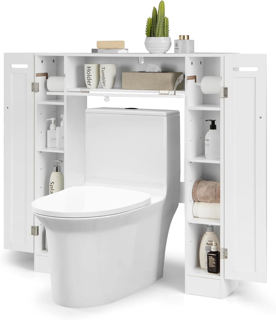 Mobile per Lavatrice, Mobile sopra Toilette, Mobiletto Bagno sopra Toilette, Armadietto da Incasso, in Legno, con Anta, Bagno Salvaspazio, con Porta Carta Igienica (Bianco)