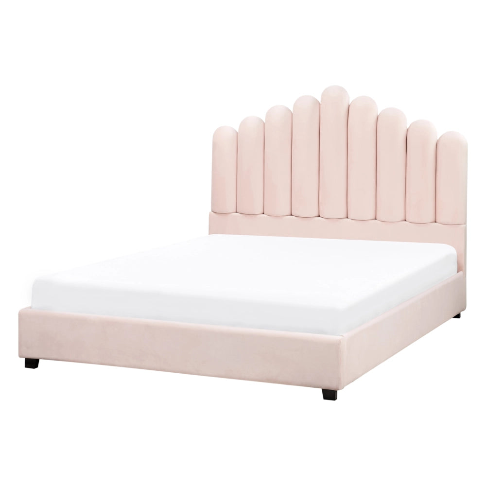 Letto matrimoniale ad acqua in velluto rosa pastello 140 x 200 cm testata alta a conchiglia stile classico retrò