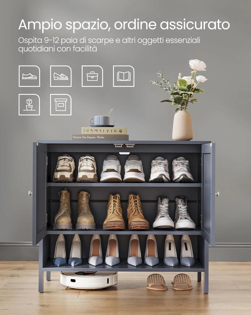 VASAGLE Mobiletto Porta Scarpe, Scarpiera a 3 Livelli, Organizzatore per Calzature, Armadio Country Moderno, con Ripiano Regolabile in Altezza, 35 x 80 x 70 cm, Ingresso, Grigio Ardesia LBC044G01