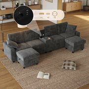Divano panoramico a U con 2 pouf contenitore, tavolino, 1 USB, 2 Type-C e 2 prese, in velluto a coste Grigio, 315 × 135 × 81 cm
