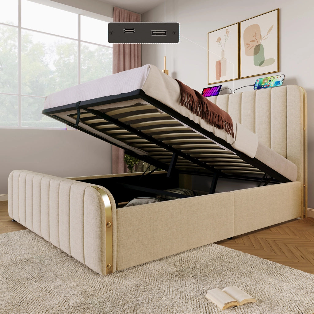 Letto Contenitore 180×200 cm; Letto Matrimoniale con USB; Tipo C e LED Regolabile; Senza Materasso; Beige
