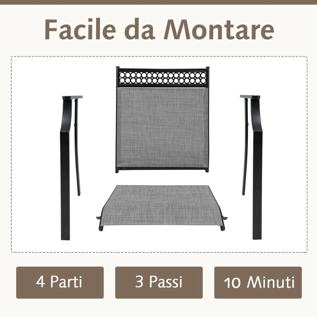 Set di 2 Sedie da Giardino in Textilene, Sedie da Esterno con Schienale Alto, Braccioli, Robusto Telaio in Metallo, Fino a 150 kg, per Patio Terrazza Balcone (Grigio+Nero)