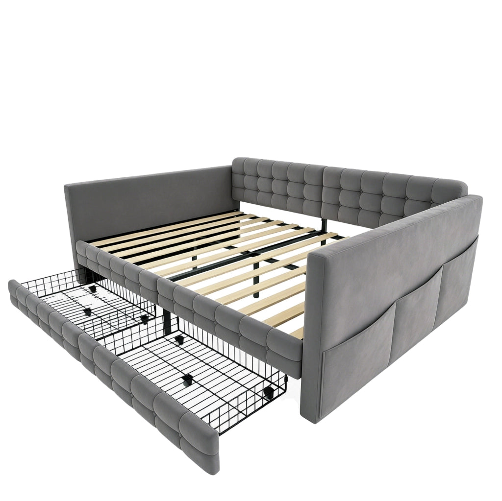 Letto imbottito 140x190 cm con cassetti e tasche laterali in velluto grigio