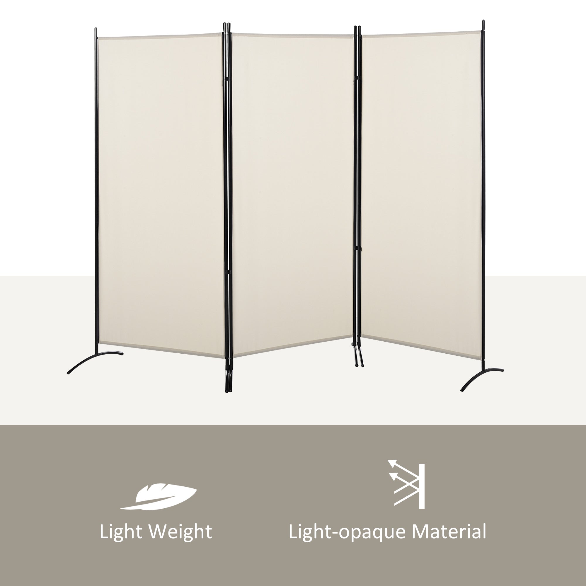 Paravento Separé da Interno a 3 Pannelli Pieghevole 253x50x182 cm in Metallo e Poliestere Beige