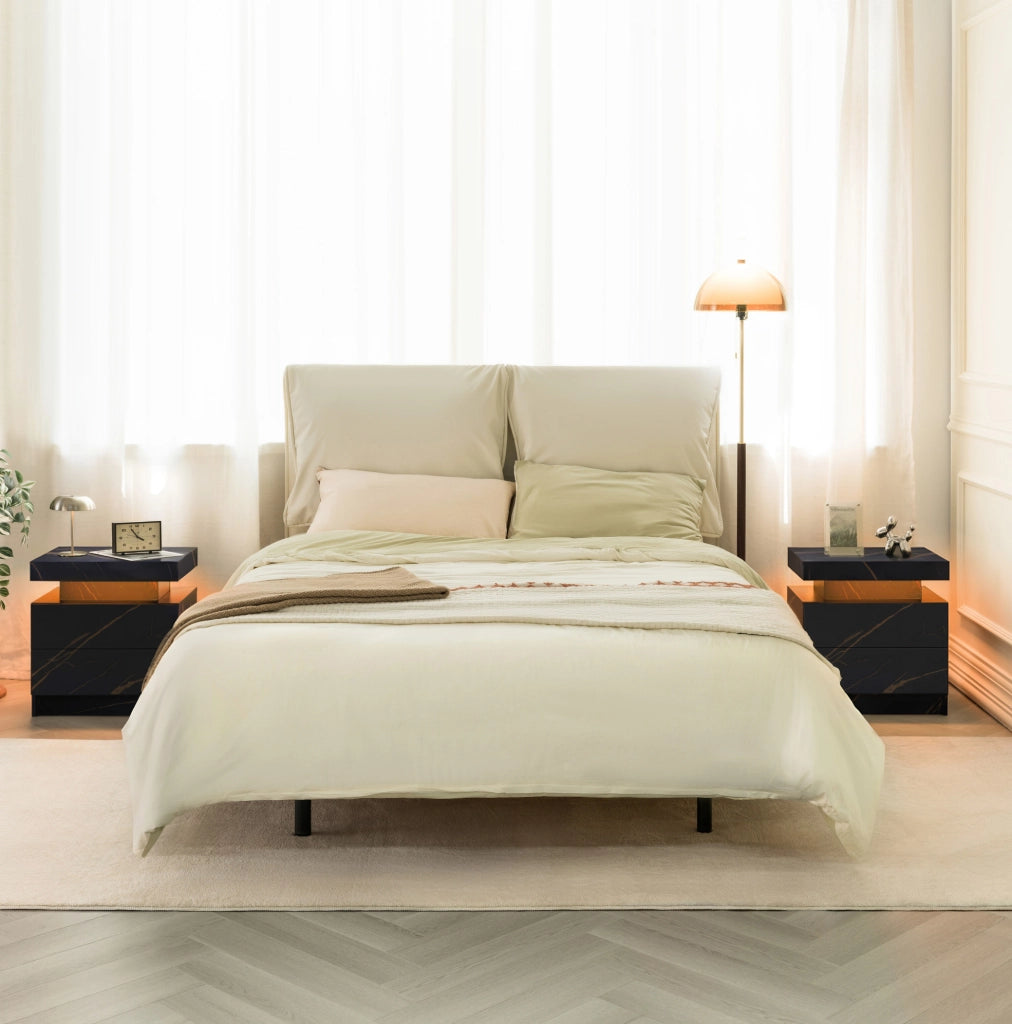 Comodino moderno con luci LED regolabili, 2 cassetti, colore nero e oro