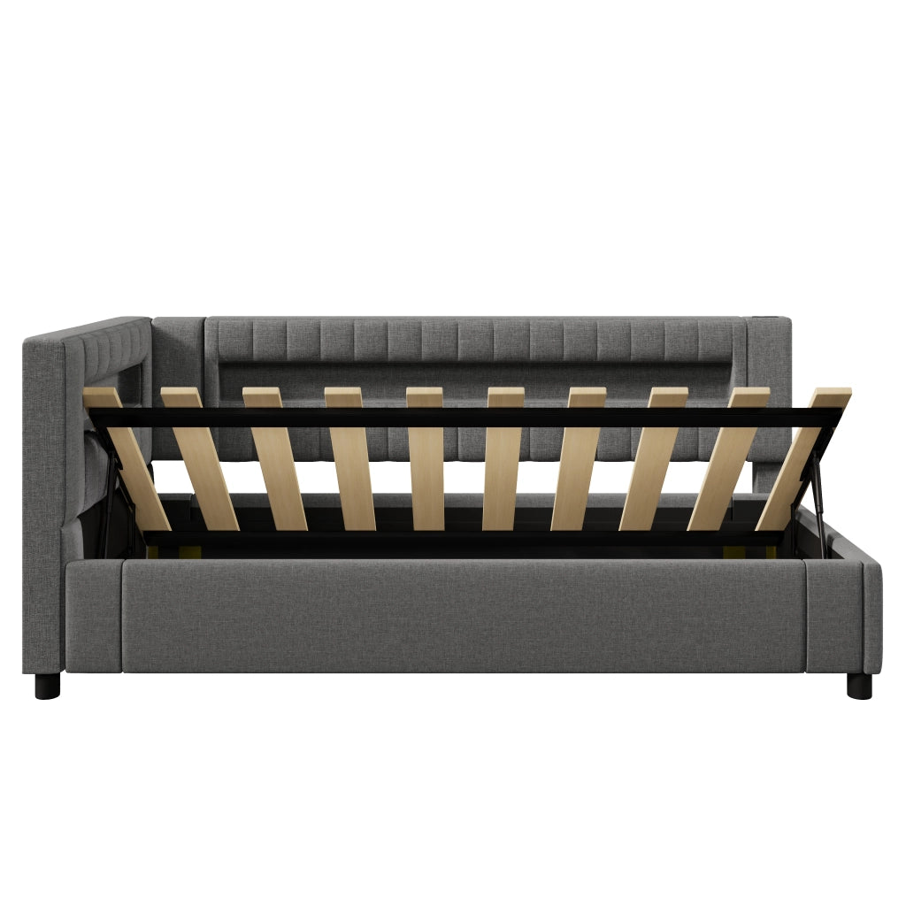 DESMIU Divano letto 90 × 200 cm 1 posto con contenitore idraulico, LED, USB e Type-C, senza materasso, grigio