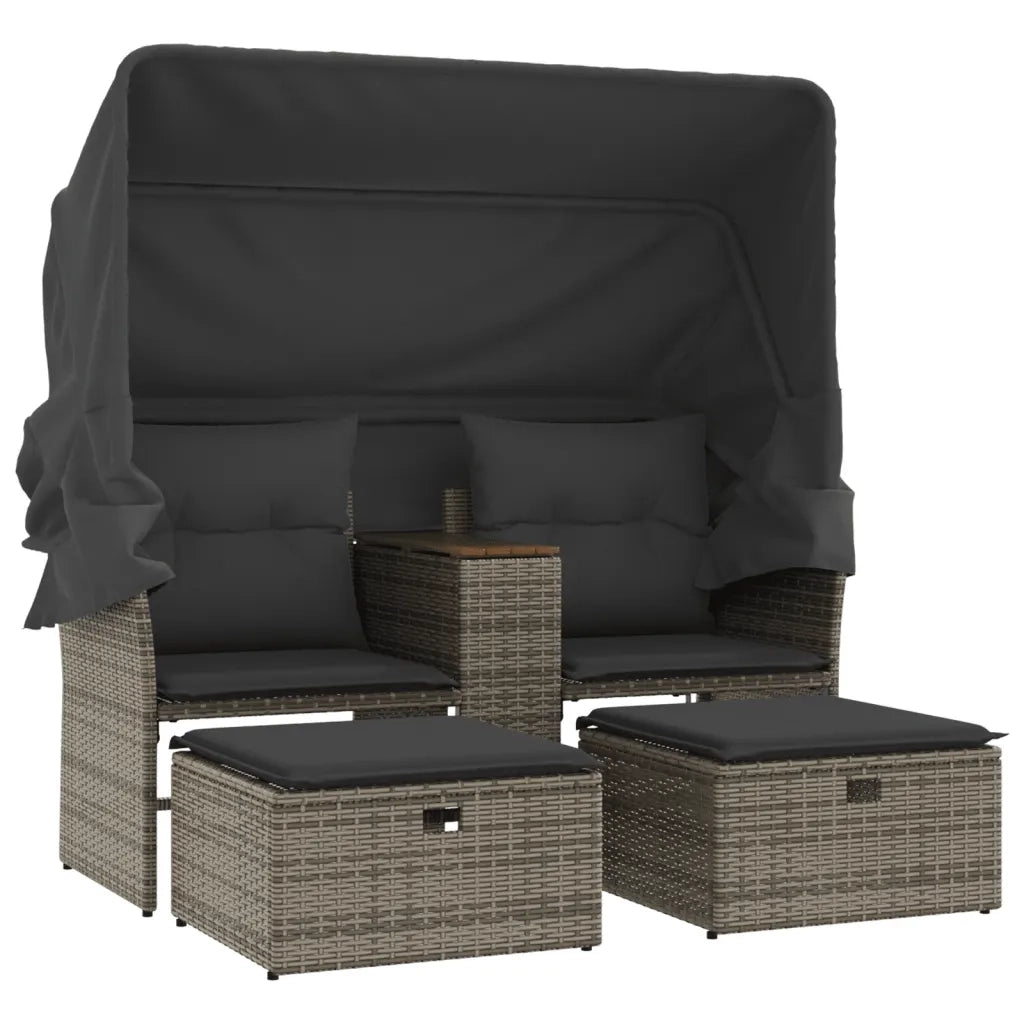 Divano Giardino 2 Posti-Sofa da Giardino-Divanetto da esterno Baldacchino e Sgabelli Grigio Polyrattan 941259
